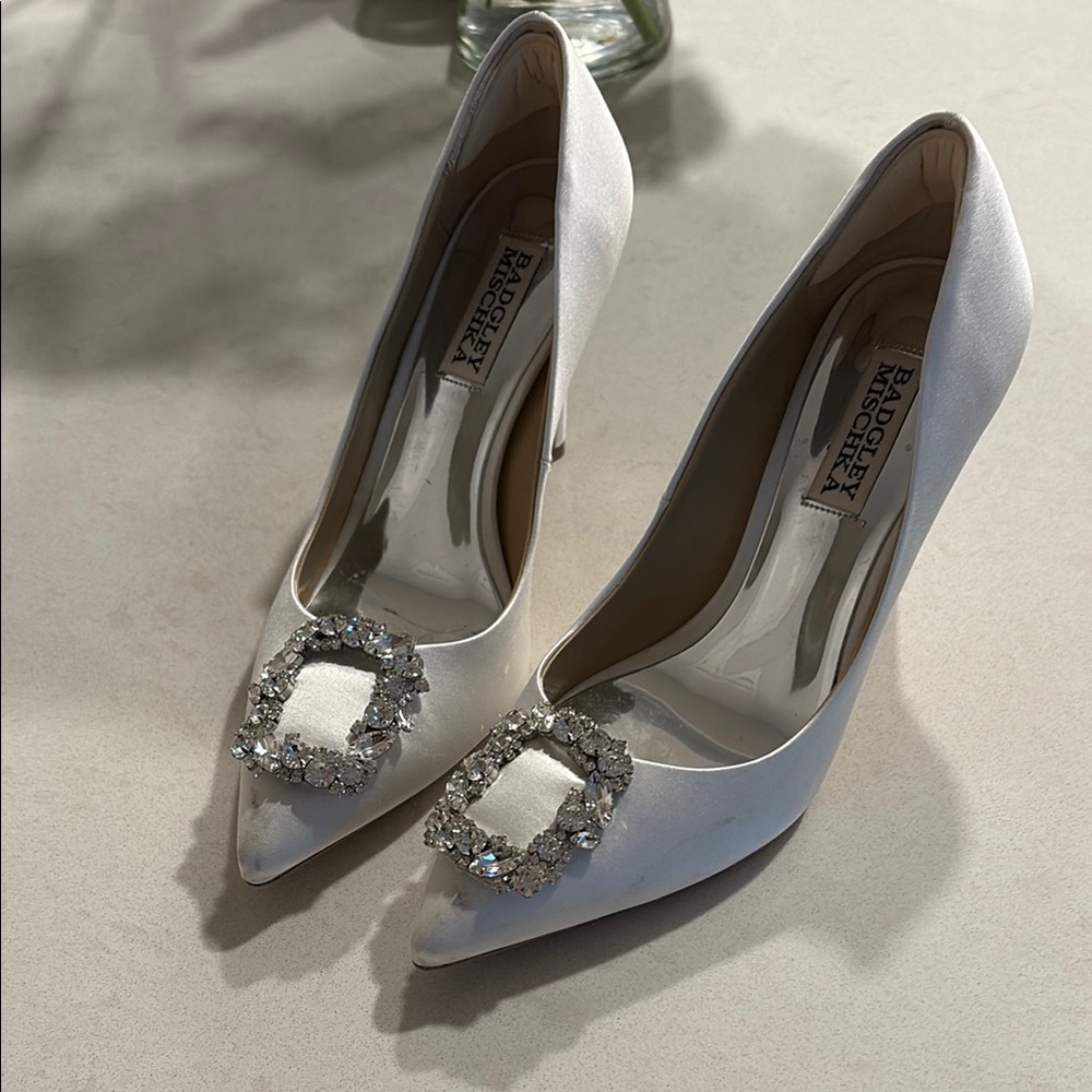 Badgley Mischa White Satin Heels with Crystal Embellishment